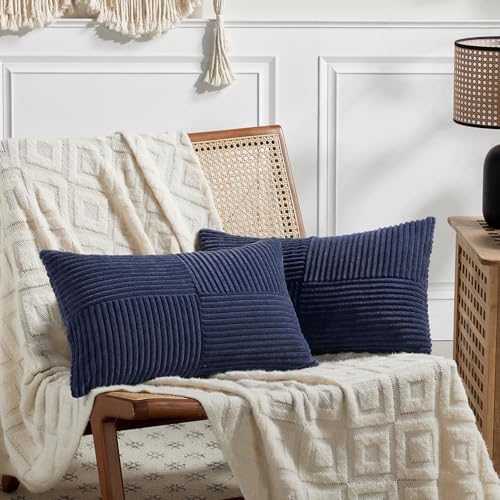 Image of Fancy Homi 2 Packs Navy Blue Lumbar Decorative Throw Pillow Covers 16x32 Inch for Living Room Couch, Rustic Farmhouse Boho Home Decor, Soft Striped Corduroy Rectangle Accent Cushion Case 40x80 cm
