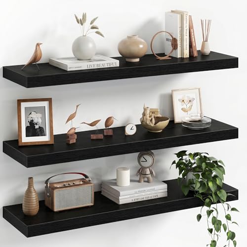 Image of Fun Memories 30Inch Floating Shelves for Wall, 8 Inch Deep Shelves for Bathroom|Bedroom|Kitchen Wall Mounted, Wood Hanging Shelf with Invisible Brackets for Home Storage Decor, Black - 3 Pack
