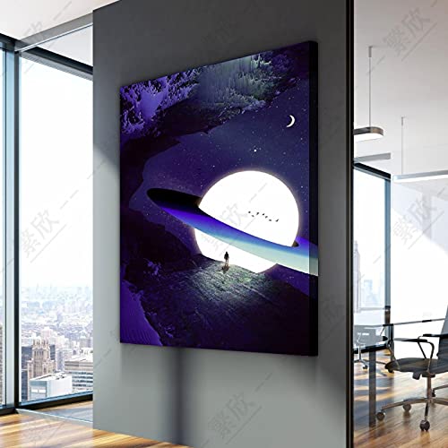 Peinture toile univers haute définition, grand poster abstrait planète bleue 60x80cm