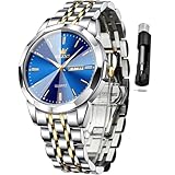 OLEVS Watch for Men Diamond Business Dress Analog Quartz Stainless Steel Waterproof Luminous Date Two Tone Luxury Casual Wrist Watch Blue