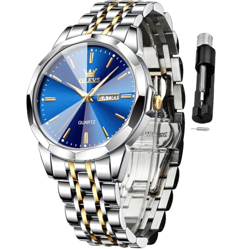 OLEVS Watch for Men Diamond Business Dress Analog Quartz Stainless Steel Waterproof Luminous Date Two Tone Luxury Casual Wrist Watch Blue