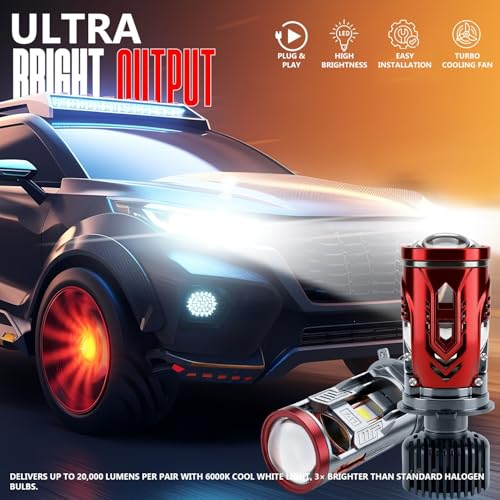 Image of Carzex Y11 Pro H4 LED Ultra Bright Headlight Bulb with Mini Projector Lens 200W 20,000LM - 6000K Super Bright Pure White Dual Beam for Cars with H4 Socket, High Power Headlamp Projector
