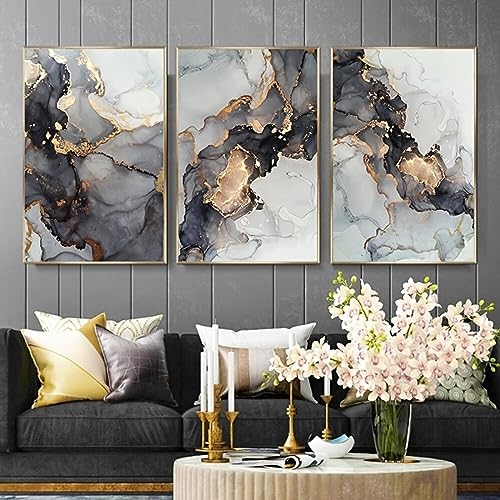Toile abstraite dorée et noire KEBIA 60x80cm triptyque chic pour salon