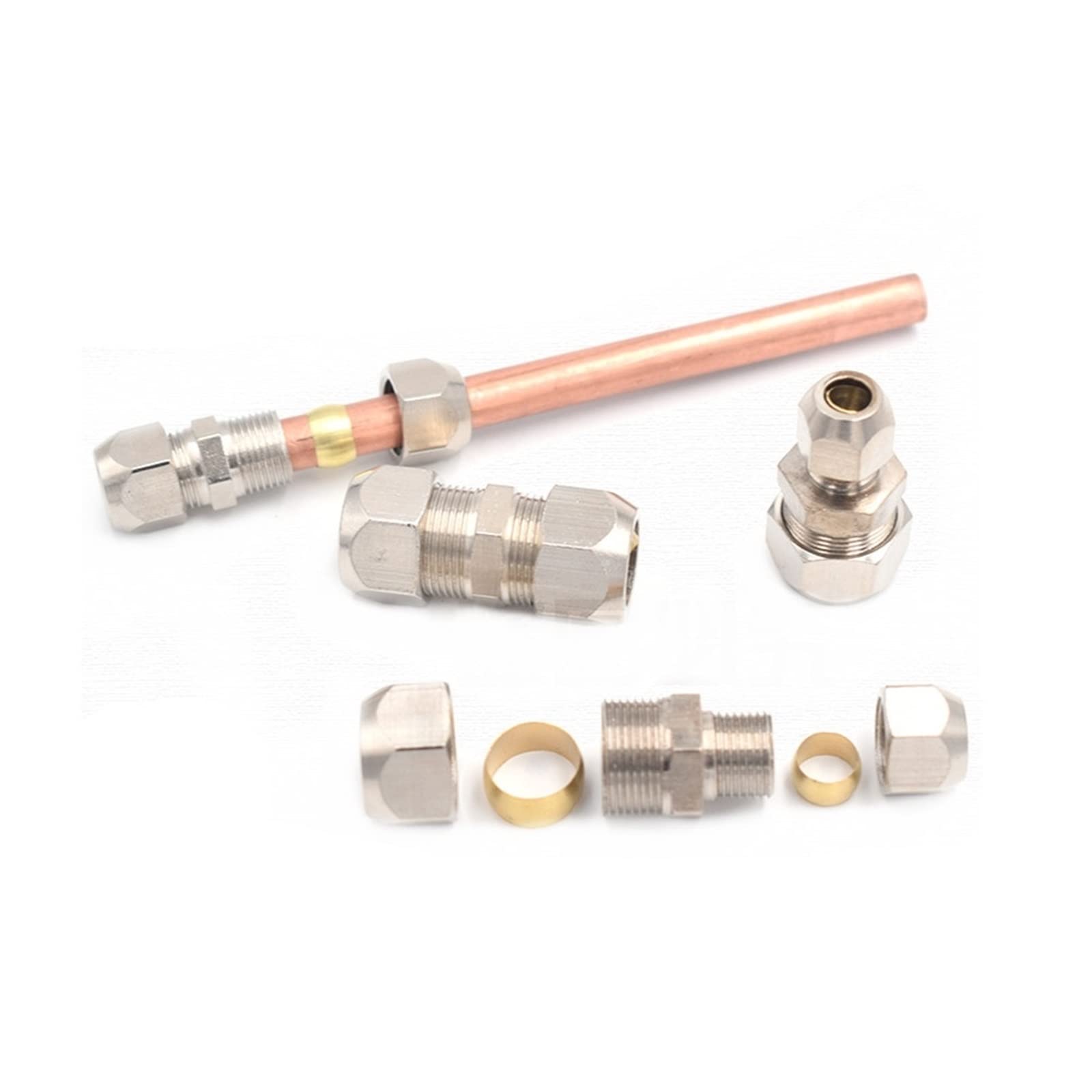 Zkenyao-Brass Connector 4-16mm Compression Ferrule Tube Fitting Brass Pipe Double Card Set Copper Joints Tubing Nut Lock Double Straight, Simple to Install(OD tube 10mm to 12mm)