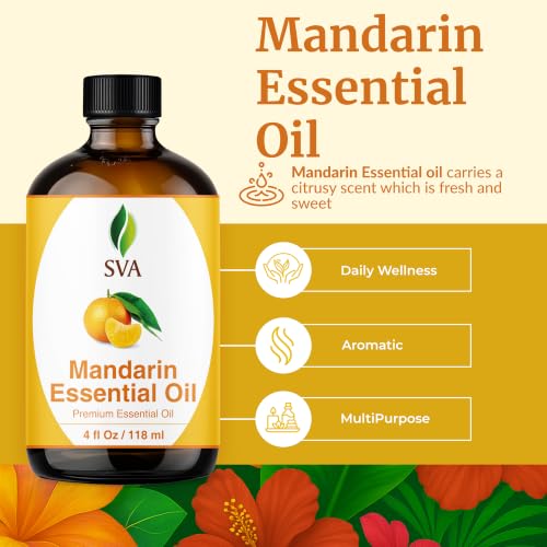 Image of SVA Mandarin Essential Oil 4 Fl Oz - for Diffuser, Skin & Hair Care - Ideal for Massage & DIY Blends - with Dropper