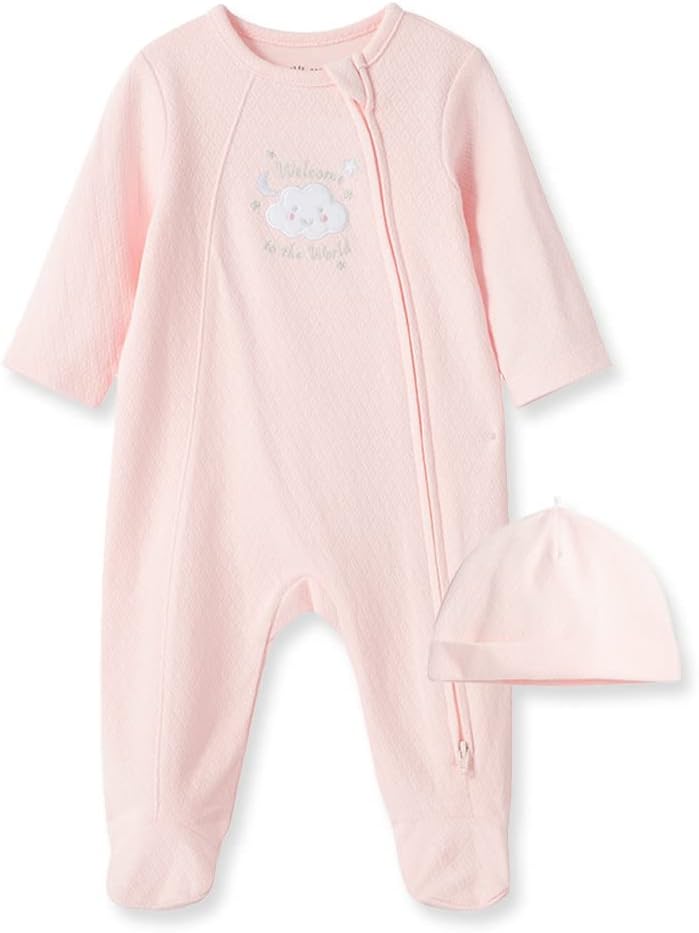 Little Me Baby Girls Cotton Zip Footie 6 Months Welcome to the World/Pink Bear