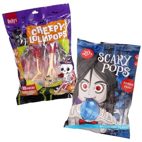 Halloween Lolli-Mix: Scary Pops (200g) Zungenfärber mit Blaubeer-Geschmack & Creepy Bones Lollipops (90g) Erdbeer-Apfel Geschmack, Glutenfrei, Ideal für die Candy Bar und Mitgebsel