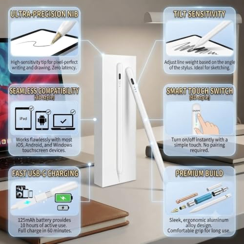 Image of Drumstone Universal Touch Screen Stylus Pen with Battery Display, Rechargeable Active Stylus, Precision Fine Tip for Writing, Drawing & Note Taking on iPad, Android Tablets & Smartphones