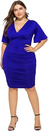 OMZIN Womens Plus Size Sexy Deep V-Neck Pencil Dress Ruffle Sleeve Bodycon Evening Gown