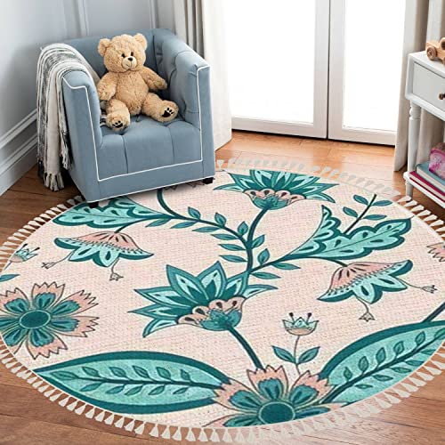 Round Rugs Flower Chintz Indian Botanical Batik Paisley Vintage Floral Boho Area Rug Linen And Cotton Carpet Meditation Rug Washable Hallway Runner Mat Accent Rug For Bedroom Bathroom 3Ft #TOP16