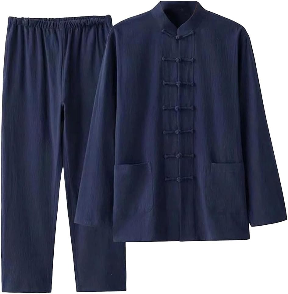 Men's Chinese Traditional Set Long Sleeve Buckle Shirt Top Elastic Waist Wide Leg Pants Fitness Jogging Sets