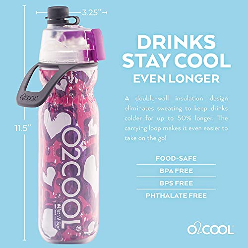 O2COOL Garrafa de água isolada, Mist 'N Sip Purple Color Series, 590 ml, 590 ml, Hearts 1