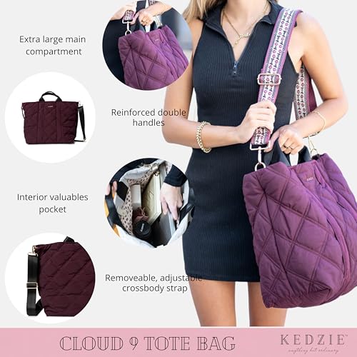 Image of KEDZIE Cloud 9 Quilted Puffer Tote Bag Crossbody Purse for Women - Mulberry