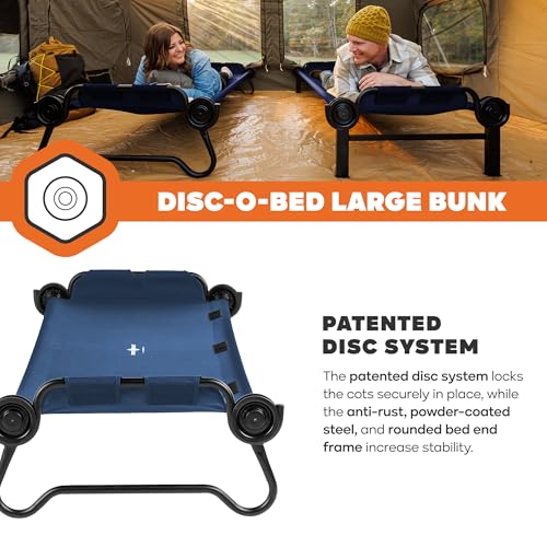 Image of Disc-O-Bed Large Outdoor Convertible 2 Person Bench and Double Camping Cot Portable Bed Bunk System for Adults, Navy