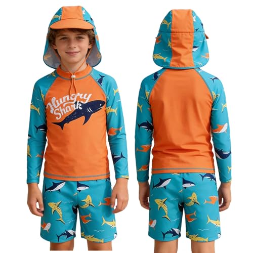 Runhomal Niño Conjuntos protección solar para niños jugar al sol lago surf corto playa traje de baño Tankini sombrero sol, naranja, 4-5 años