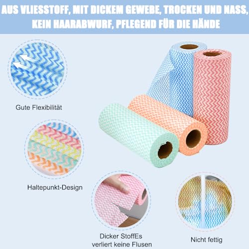 Wischtücher auf Rolle, 4 Rollen Einweg Reinigungstücher, Putztücher für Küche und Wohnraum, Vliesstoffe, 50 Stück pro Packung