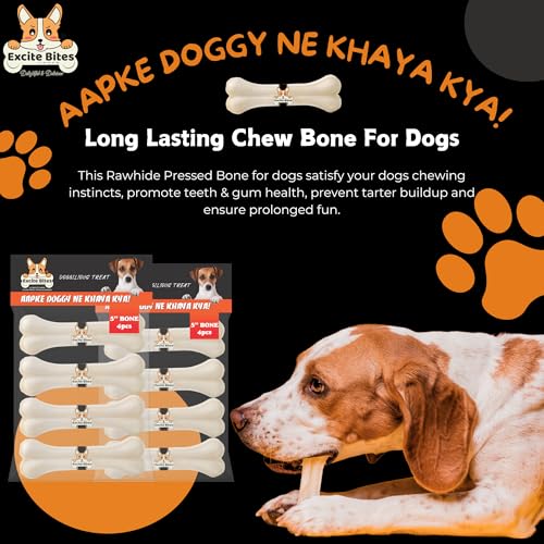 Image of EXCITE BITES Pressed Rawhide Bones for Dog Treats | Dog Calcium Bone Dog Chewing Needs | 5Inch Calcium Bone Treat for All Dogs | Combo Offer (5 inch-4Pcs) Each, 280 g (Pack of 2)