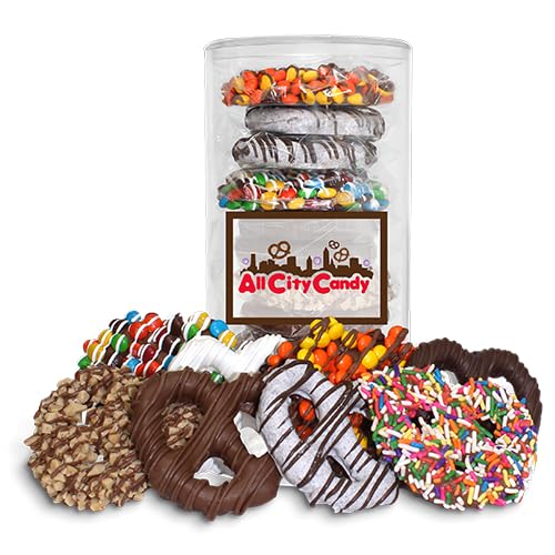 All City Candy Signature Gourmet Chocolate Covered Pretzel Twists Gift Tube – 12 Hand-Dipped Assorted Flavors in Milk, Dark, White Chocolate & Candy coated toppings – Sweet & Salty Treats for Holidays, Birthdays, and Corporate Gifting