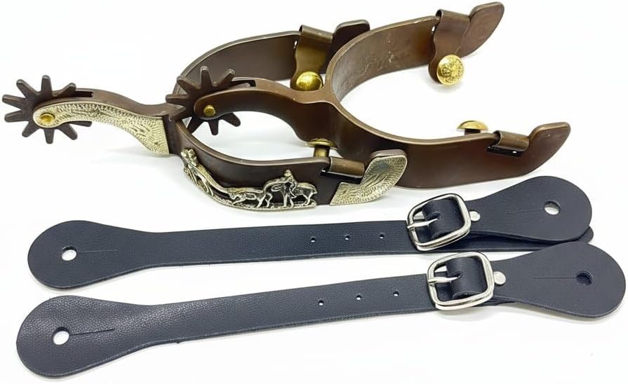 Western Cowboy Spurs with Straps Set - Antique Solid Brass Trims & Buckle 485g Hand Engraved Riding Spurs & Leather Straps Set for Men