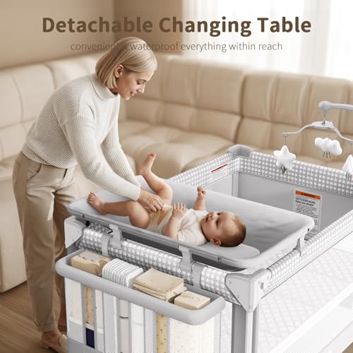 Image of 4 in 1 Baby Bassinet, One-Push Setup Pack and Play, Bedside Crib Sleeper with 3 Height Adjustable,Diaper Changer, Come with Comfy Mattress, Rotating Toy Bar, from Infants to Toddlers (Grey)