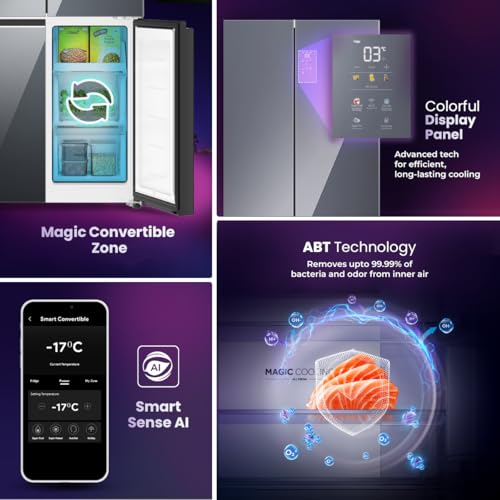 Image of Haier 520L 3Star Lumiere French Door 4-Door Side by Side Frost Free Refrigerator|Convertible|Wi-Fi|Inverter|Colourful Display Panel|My zone|Sun Lit Interior (HRB-600MGU1, Mirror Glass)