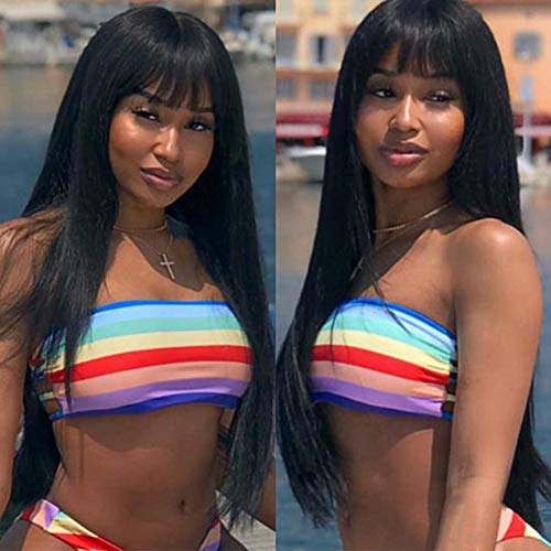 WIGNEE 28 inches Long Yaki Straight Wig with Bangs Synthetic Hair Heat Resistant Halloween Party Wigs for White Black Women Cosplay (Long black)