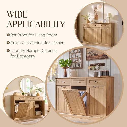Image of IFGET Triple Tilt Out Trash Cabinet, Wood Trash Can Cabinet, Natural