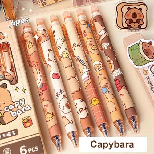 Image of Alokik Luxury Gel Pens and Highlighter 5pcs black Color pen + 1 pcs highlighter Coordinated Design, Signature Pen Set, Writing School Supplies (Capybara Erasable Gel Pen Set of 6)