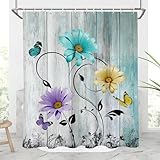 AAtter Colorful Floral Shower Curtain Rustic Flower Farmhouse Country Spring Teal Turquoise Aqua Purple Yellow Daisy Farm Barn Butterfly Home Bathroom Art Decor Bathtub Set with 12 Hooks, 60x72, Fun