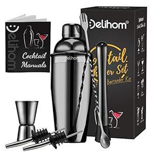 Delihom Cocktail Maken Set Zwart 6 Stuks Cocktail Shakers 24oz 750ml RVS Cocktail Shaker Set met Menglepel, Muddler…
