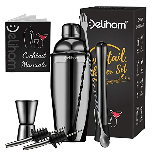 Delihom Coctelera para Cócteles de 750ML, 6 piezas Juego de Coctelera de Acero Inoxidable, Juego de Herramientas de Barra para Bar, Hogar Mezclar Bebidas (Negro)
