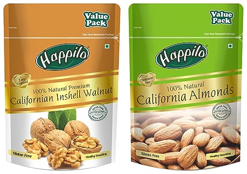 Image of Happilo 100% Natural Premium Californian Almonds Value Pack Pouch, 500 g & Premium 100% Natural Californian Inshell Walnut Kernels VaPack Pouch, 500 g