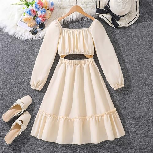 Girls Summer Cute Dress Smocked A-Line Ruffle Hem Midi Dresses for Tween Kids Casual Soild Elegant (White #2, 10 Years)2