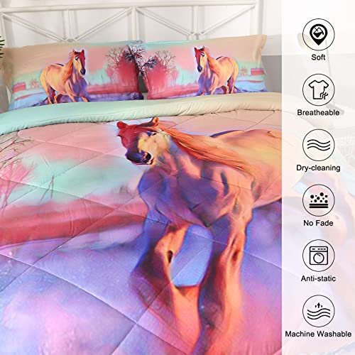 Pink Horse White Snow Comforter Bedding Sets Queen 3 Pcs, Boys Girls Horse Running On The Snow Bedspread Coverlet Quilt Comforter Sets , Kids Horse Comforter Queen #TOP2