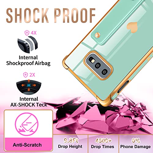 Likiyami (3In1 For Samsung Galaxy S10E Case Heart For Women Girls Girly Cute Luxury Pretty Aesthetic With Stand Phone Cases Mint Green Gold Love Hearts Trendy Cover+Screen+Chain For Galaxy S10E 5.8" #TOP5