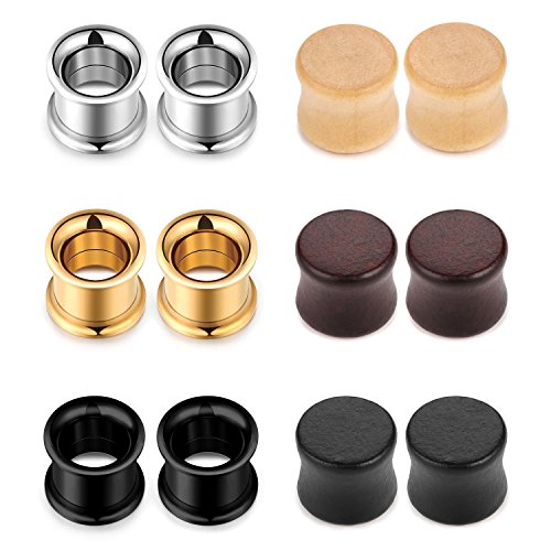 JEWELRIESHOP 00g 00 Gauge Ear Tunnel Wood Plugs Ear Gauges Flesh Double Flared Saddle Plug Stainless Steel Screw Ear Tunnels Stretchers Expander Ear Piercing Jewelry (6 Pairs,10mm)