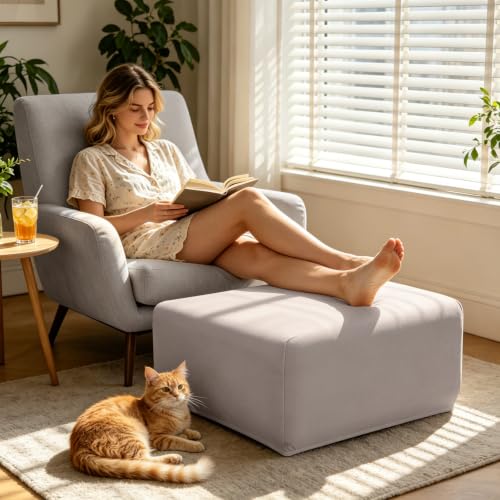 Image of YISUN Super Stretch Square Ottoman Cover - Soft Form Fit Ottoman Slipcover for Foot Stool & Folding Storage, Washable Furniture Protector with Non-Slip Elastic Bottom (M, Khaki)