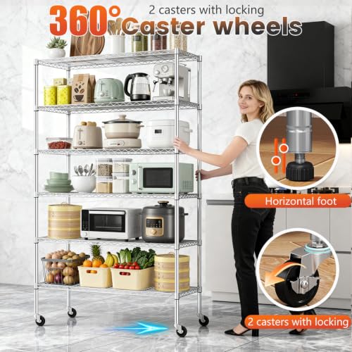 Image of BestOffice | 6-Tier Wire Shelf with Wheels | 48 inch x 18 inch x 81 inch | Chrome