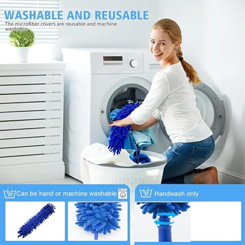 Image of Microfiber Feather Chenille Duster for Dust Cleaning with extendable Pole 100 Inch with Anti Scratch Bendable Washable Duster with High Cobweb Stick for High Ceiling Fans, Furniture - Blue
