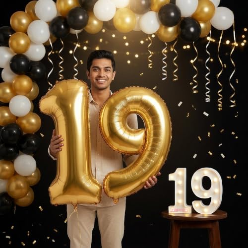 Image of Balloonistics Gold 40-Inch Foil Number 19 Balloon with Matching LED Marquee Light - Combo Set for 19th Birthday, Anniversary, Party Decoration, Photo Booth Backdrop, Cake Table Decor