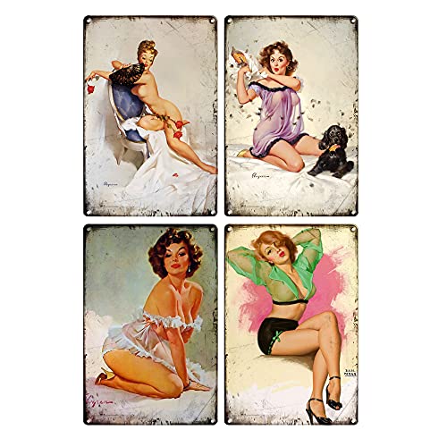 MULINSEN 4 PCS Vintage Tin Sign Painting Pinup Wall Art Decor Sexy Poster for Bathroom Bar Club Cafe, Restaurants Home Decoration Retro Tin Painting (12 X 8 Inches)