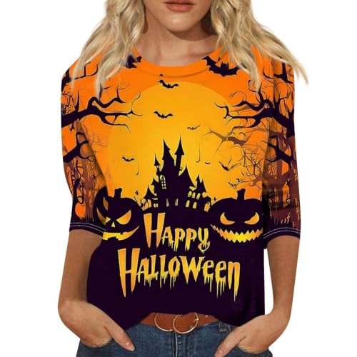 Image of Women Spooky Halloween Graphic Shirt 3 /4 Length Sleeve Crewneck Top | Halloween Funny Printed Pumpkin Plus Size Tshirts 2026 Fall Outfits Skeleton Tee Going Out Tops