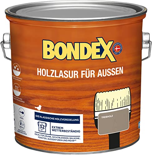 Bondex Holzlasur für Außen Treibholz 2,5 L für 32,5 m²| Hoher Wetter- und UV-Schutz | Natürliches Abwittern - kein Abplatzen | seidenmatt | Holzschutzlasur | Holzlasur Bondex Holzlasur für Außen Treibholz 2,5 L für 32,5 m²| Hoher Wetter- und UV-Schutz | Natürliches Abwittern - kein Abplatzen | seidenmatt | Holzschutzlasur | Holzlasur