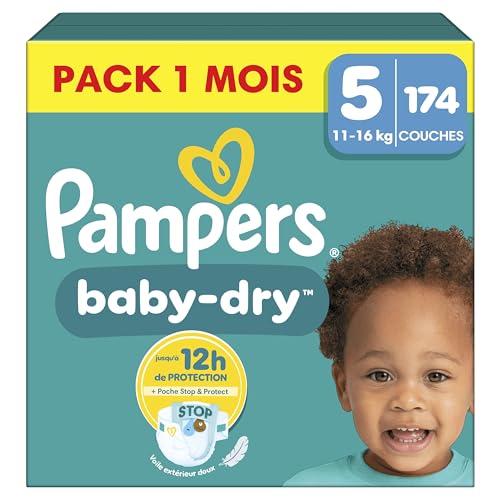 Pampers Baby-Dry, Taille 5, 174 Couches, 11-16kg, Une nuit jusqu'à 100% sans fuites avec la Poche Stop & Protect...