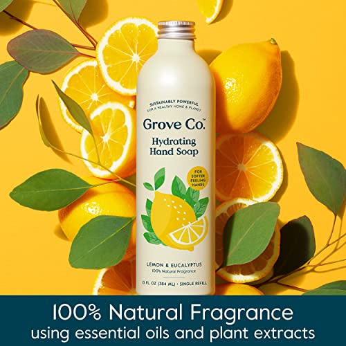 Grove Co. Hydrating Gel Hand Soap Refills (2 X 13 Fl Oz) + 1 X Reuseable Glass Soap Dispenser, No Plastic Waste & Liquid Refillable Starter Kit, Natural Lemon & Eucalyptus Fragrance #TOP1