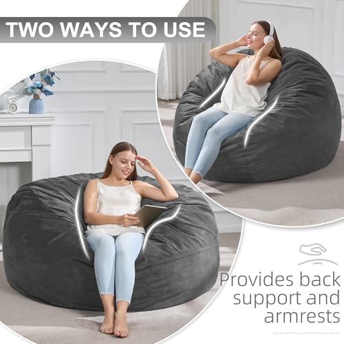 Image of Hobestluk Adults Bean Bag Chair 4FT Big BeanBag Chair Extra Large Oversized | Memory Foam,Washable Cover,Side Pocket,Handle,Lightweight Round Dorm Chair Large Adult Bean Bag Study Room Gaming | Grey 4FT