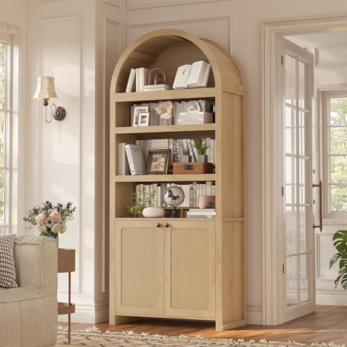 81' Tall Arched Cabinets,Bookcase with storage,Mid-Century Modern 6-Tier Bookshelf with Door,2 Book Risers and Adjustable Shelves offering more storage space for Living Room,Kitchen,Home Office,Oak
