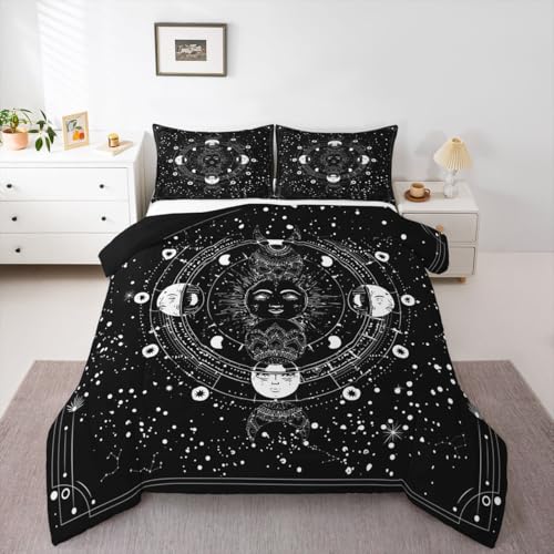 Image of Feelyou Sun Moon Comforter Queen Size Black White Psychedelic Constellation Comforter Set Boho Exotic Mandala Bedding Set Galaxy Astrology Space Duvet Set Soft Chic Mystic Star Room Decor Quilt Boys
