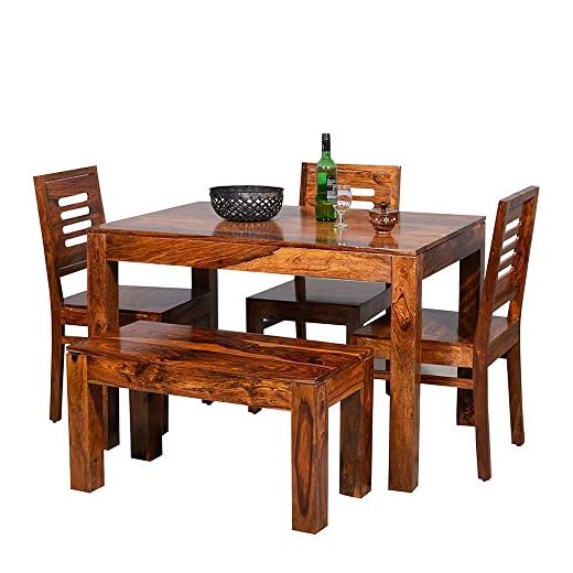 Top 10 Best Dining Table Set For Home In India 2 Ramdoot Furniture Wooden Dining Table 4 Seater | Dinning Table, 3 Chairs & 1 Bench, Solid Wood Sheesham, Honey Finish