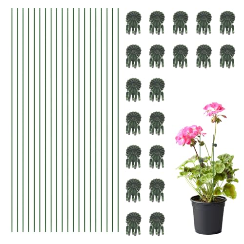 Plant Stakes,20 Pcs Plant Sticks with 20 Plant Clips, Green Iron Plant Support Stakes, Bendable Plant Supports for Indoor Plants,Plant Support Sticks for Climbing Plants Peonies Orchid Rose
